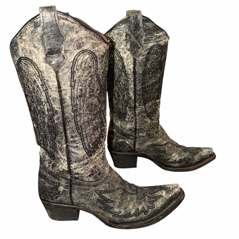 Circle G Black Leather Distressed Wing & Cross Western Cowgirl Boots - Size 6.5 - Picture 8 of 13